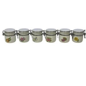 WCL Ceramic Mini Floral Design Spice Jar Canisters with Wooden Spoons-Set of 6